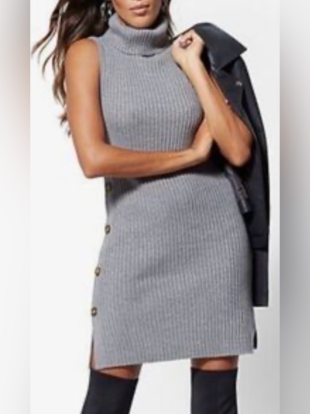 New York & Company Gray Sleeveless Ribbed Knit Dress with Side Buttons